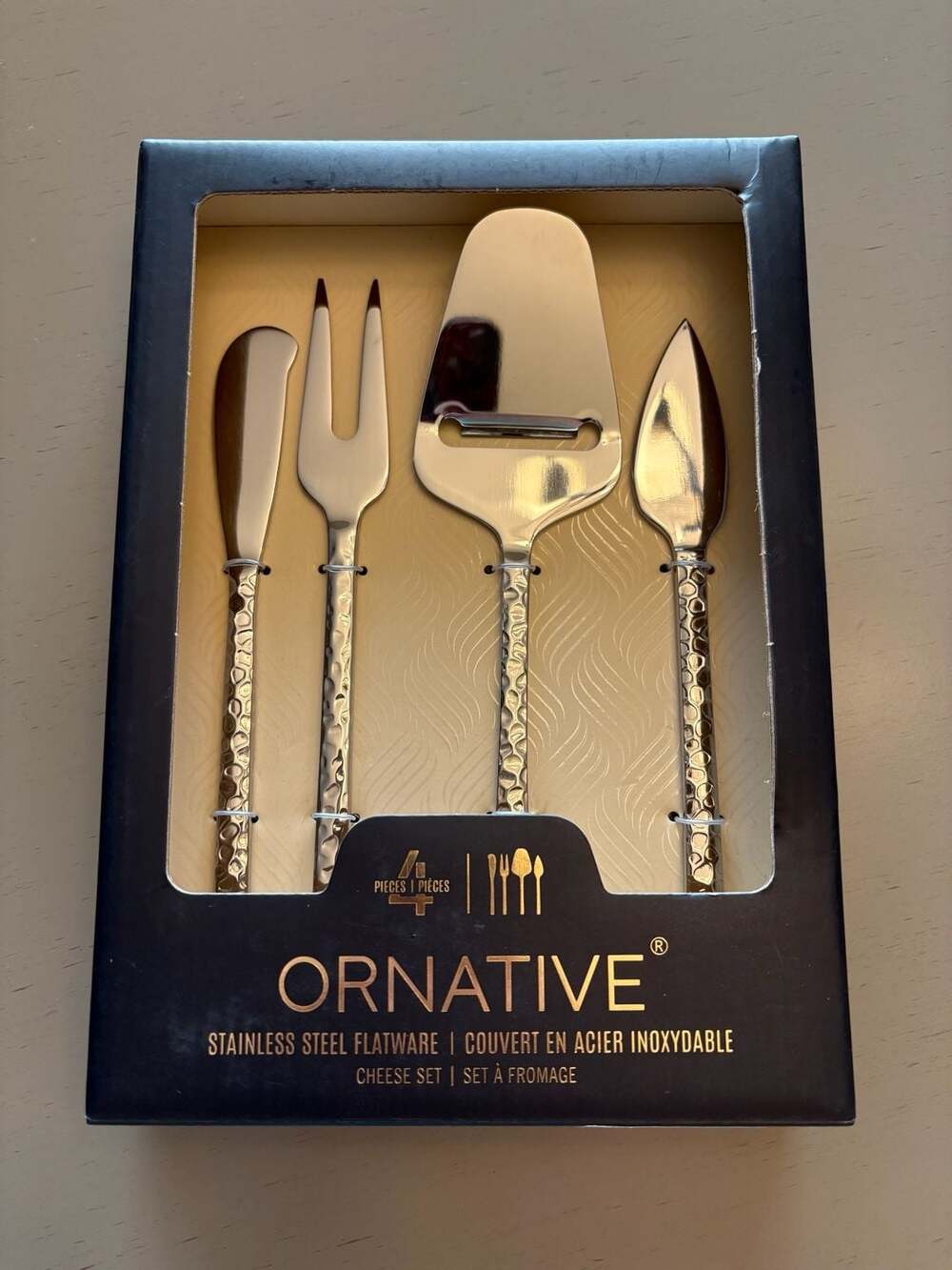 Ornative 4-Piece Stainless Steel Cheese Set with Hammered Handles